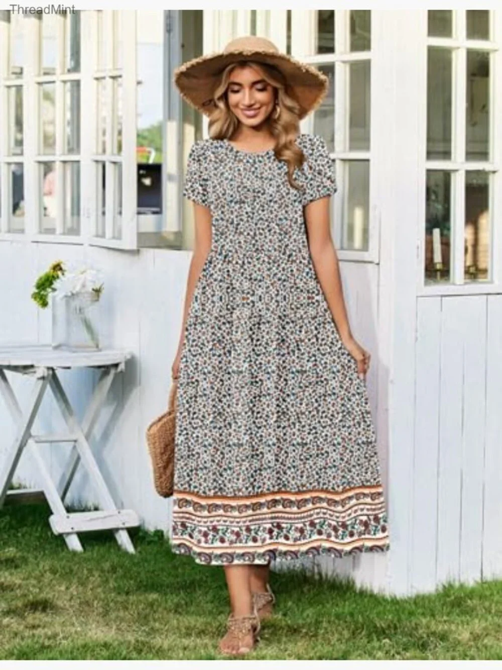 Bohemian Floral Maxi Dress - Short Sleeve Flowy Casual Beach Sundress - Picture 5 of 7